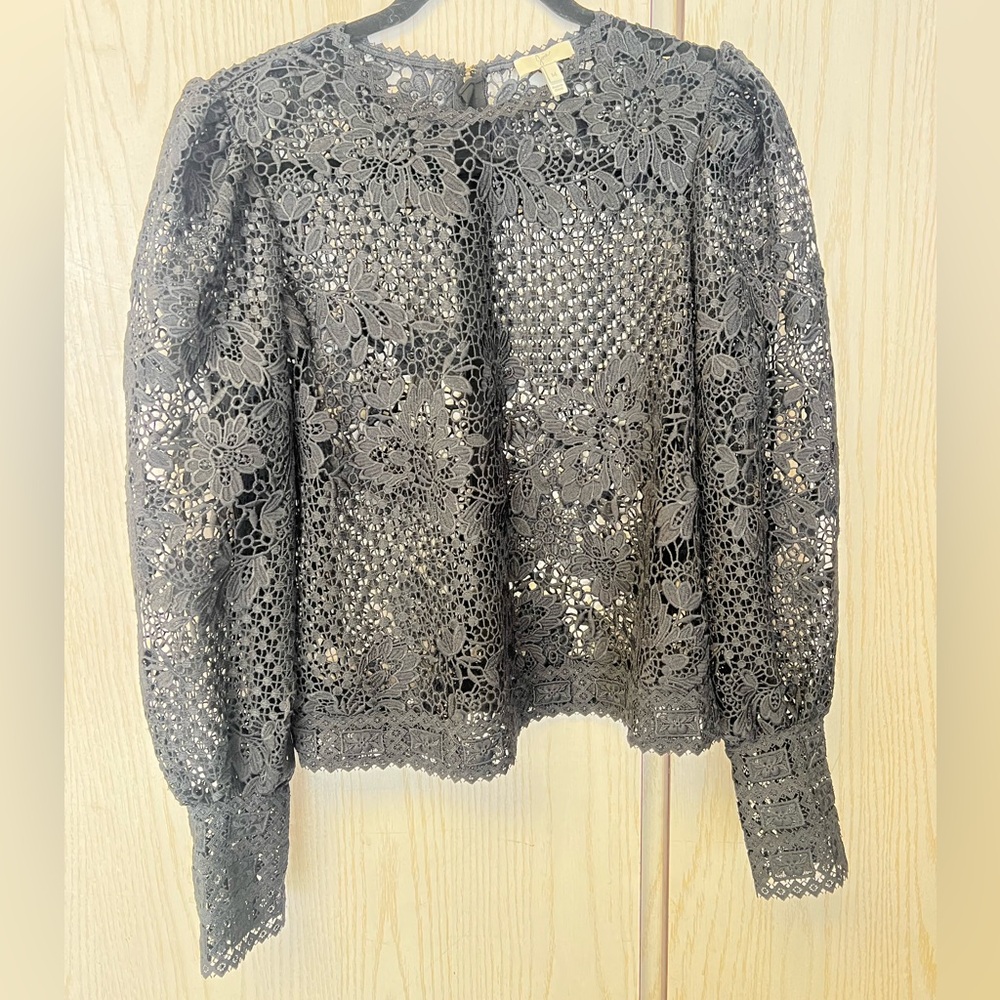 Black lace joie blouse with puffer sleeves and zipper on back